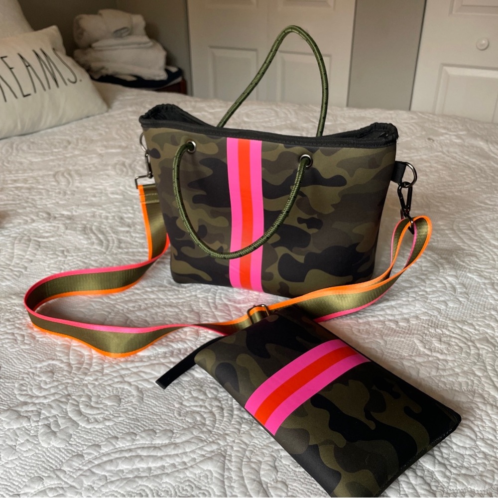 Haute Shore Greyson Tote & pouch Showoff Green Camo / Pink and Orange Stripe NEW